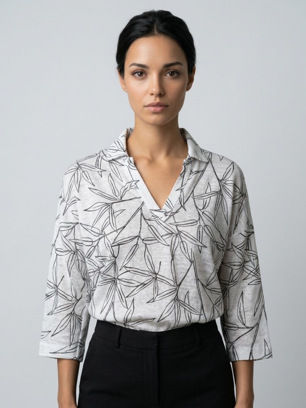 Cynthia Rowley 100% Linen V-Neck Top with Black Botanical Line Art